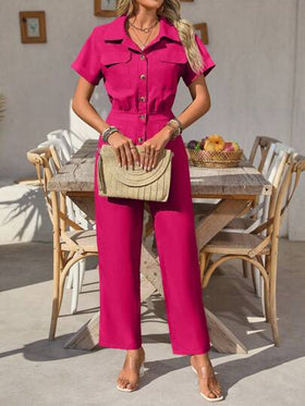 SHEIN Clasi بدلة قصيرة الأكمام سادة مع جيوب عملية للنساء، كاجوال