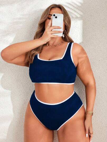 طقم تانكيني حريمي Swim SPRTY ملابس علوية بدلة السباحة بتصميم الخصر الكبير والإطار المتباين وسروال سباحة مثلثي