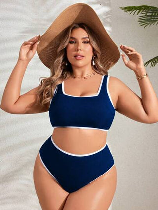 طقم تانكيني حريمي Swim SPRTY ملابس علوية بدلة السباحة بتصميم الخصر الكبير والإطار المتباين وسروال سباحة مثلثي