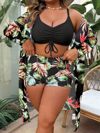 Swim Lushoire مجموعة من 3 قطع: ملابس علوية تانكيني علوية مطبوعة بسحاب، و جاكت كم طويل مطابق, وصندل شاطئ، مجموعة ملابس سباحة كاجوال للإرتياد