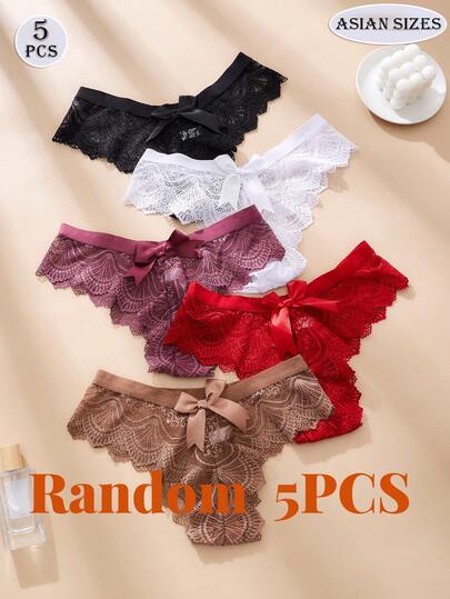 5 قطع/عبوة سراويل داخلية بفيونكة من الدانتيل عشوائية للنساء، هدية عيد الحب، ملابس داخلية أنيقة وجذابة بتطريز دانتيل، سراويل داخلية مريحة شبه شفافة بألوان صلبة، سراويل مثلثة مطاطية ناعمة باللونين الأسود والأحمر، ملابس داخلية للسيدات