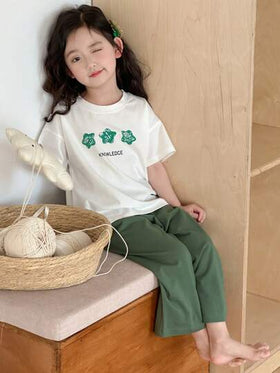 Dazy Kids ملابس فتاة صغيرة للخريف: بلوزة تي شيرت بياقة مستديرة وأكمام قصيرة مطبوعة + بنطلون صوفي أحادي اللون، طقم منزلي للربيع/الصيف رمضان