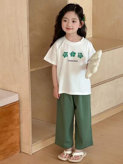 Dazy Kids ملابس فتاة صغيرة للخريف: بلوزة تي شيرت بياقة مستديرة وأكمام قصيرة مطبوعة + بنطلون صوفي أحادي اللون، طقم منزلي للربيع/الصيف رمضان