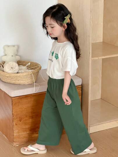 Dazy Kids ملابس فتاة صغيرة للخريف: بلوزة تي شيرت بياقة مستديرة وأكمام قصيرة مطبوعة + بنطلون صوفي أحادي اللون، طقم منزلي للربيع/الصيف رمضان