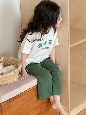 Dazy Kids ملابس فتاة صغيرة للخريف: بلوزة تي شيرت بياقة مستديرة وأكمام قصيرة مطبوعة + بنطلون صوفي أحادي اللون، طقم منزلي للربيع/الصيف رمضان
