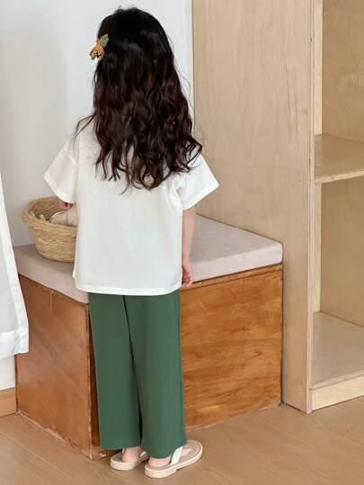 Dazy Kids ملابس فتاة صغيرة للخريف: بلوزة تي شيرت بياقة مستديرة وأكمام قصيرة مطبوعة + بنطلون صوفي أحادي اللون، طقم منزلي للربيع/الصيف رمضان