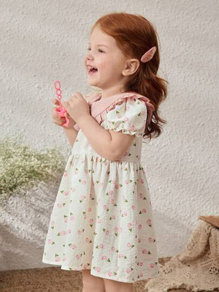 فساتين بيبي Blossori فستان مطبوع بنقوش زهور فضفاض مع ياقة مفرودة للبنات الصغار، ربيع/صيف