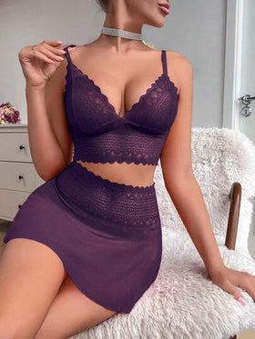 SHEIN مجموعة ملابس داخلية نسائية من الدانتيل والشبك بدون حمالات للخروج، 2 قطعة