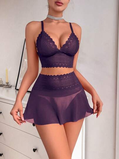 SHEIN مجموعة ملابس داخلية نسائية من الدانتيل والشبك بدون حمالات للخروج، 2 قطعة