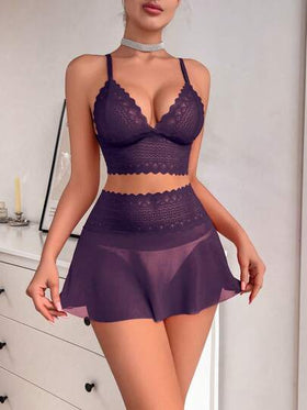 SHEIN مجموعة ملابس داخلية نسائية من الدانتيل والشبك بدون حمالات للخروج، 2 قطعة