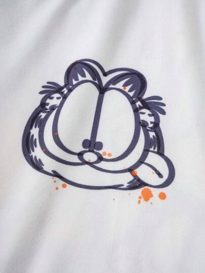 فستان أطفال GARFIELD X  طقم مكون من تي شيرت أبيض فضفاض وشورت أسود لفتى المراهقين، مع طباعة رسوم متحركة وحرف ألسنة اللهب والخطوط الملونة، مناسب لفصلي الربيع والصيف