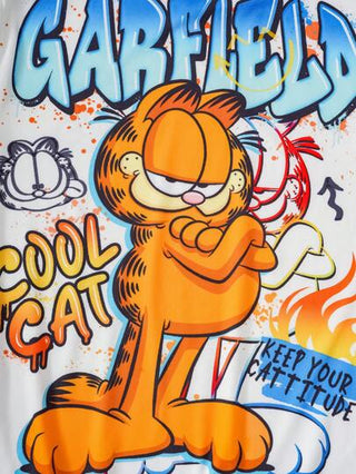 فستان أطفال GARFIELD X  طقم مكون من تي شيرت أبيض فضفاض وشورت أسود لفتى المراهقين، مع طباعة رسوم متحركة وحرف ألسنة اللهب والخطوط الملونة، مناسب لفصلي الربيع والصيف