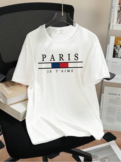 SHEIN تي شيرت تي شيرت بياقة مستديرة أكمام قصيرة ذو تصميم أنيق ومبسط للأولاد باللون الأبيض