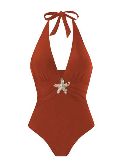 Swim Oasis بدلة سباحة بقطعة واحدة مقاس كبير، مزودة بإكسسوارات معدنية، تنورة سباحة بلون واحد، تصميم بسيط، مناسبة لإجازة المرأة اليومية في الشاطئ، صيف