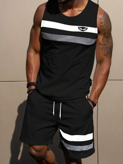 ملابس رجالي Manfinity Homme طقم صدرية وشورت للرجال بنمط شارع، قطع متداخلة متقلمة، كاجوال