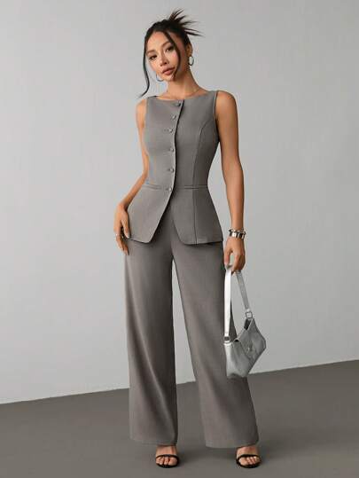SHEIN PETITE بذلة صيفية على طراز أنيق المكتب ذات رقبة قارب, جيوب وهمية, جاكيت لباس صيفي بدون أزرار وبنطلون قطعتين مناسبة للخروج الصيفي