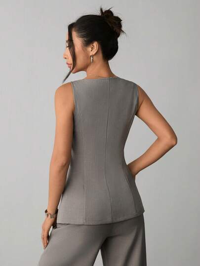 SHEIN PETITE بذلة صيفية على طراز أنيق المكتب ذات رقبة قارب, جيوب وهمية, جاكيت لباس صيفي بدون أزرار وبنطلون قطعتين مناسبة للخروج الصيفي