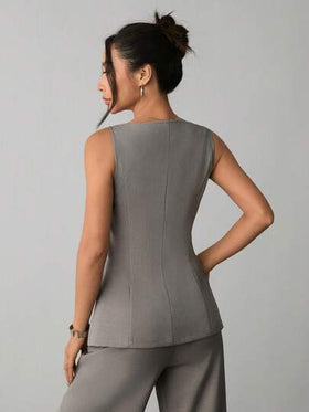 SHEIN PETITE بذلة صيفية على طراز أنيق المكتب ذات رقبة قارب, جيوب وهمية, جاكيت لباس صيفي بدون أزرار وبنطلون قطعتين مناسبة للخروج الصيفي