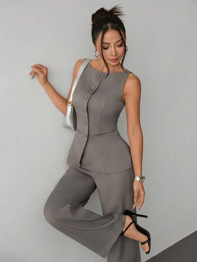 SHEIN PETITE بذلة صيفية على طراز أنيق المكتب ذات رقبة قارب, جيوب وهمية, جاكيت لباس صيفي بدون أزرار وبنطلون قطعتين مناسبة للخروج الصيفي