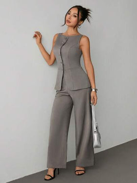 SHEIN PETITE بذلة صيفية على طراز أنيق المكتب ذات رقبة قارب, جيوب وهمية, جاكيت لباس صيفي بدون أزرار وبنطلون قطعتين مناسبة للخروج الصيفي