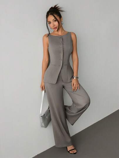 SHEIN PETITE بذلة صيفية على طراز أنيق المكتب ذات رقبة قارب, جيوب وهمية, جاكيت لباس صيفي بدون أزرار وبنطلون قطعتين مناسبة للخروج الصيفي