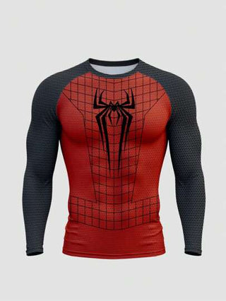 Manfinity Sport Corelite تي شيرت رياضي بياقة طاقم وأكمام طويلة نصف كم برسومات العنكبوت للرجال