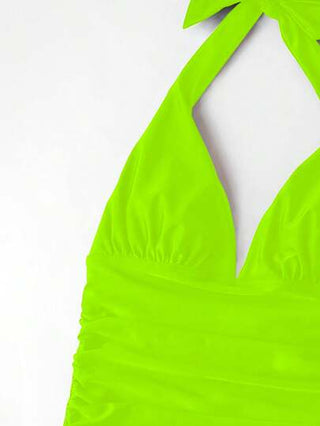 طقم تانكيني حريمي Swim طقم ملابس سباحة كاجوال نسائي يتكون من تانكيني مكشكش باللون الأخضر الفلورسنت مع ربطة أمامية للصيف والشاطئ
