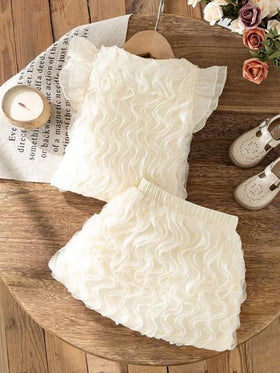 SHEIN Elladie kids طقم تنورة وبلوزة مزخرفة بالأزهار على أكمام قصيرة على الطراز الكوري الأنيق، 2 قطعة مجموعة، جميلة وحلوة للصيف
