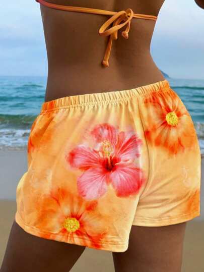 EZwear شورتات نسائية غير رسمية بنمط زهري برتقالي وخصر مرن مع تفاصيل ربطة عقدة