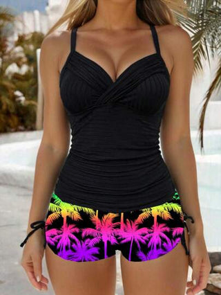 طقم تانكيني حريمي Swim Lushoire مجموعة من 2 قطعة للنساء معلقة بالحلقات مطبوعة بأشجار جوز الهند مريحة وجذابة، مكونة من توب تانكيني وشورت بسحاب للشاطئ، ملابس سباحة عصرية