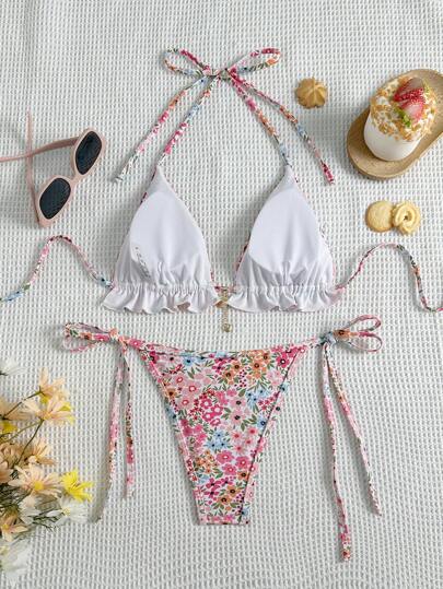 Swim Mod طقم بكيني بحماليات كروب توب زهري على طراز السبغتي وسفلية برفرفة، طراز ملائم للحفلات الصيفية عند حمام السباحة والشاطئ
