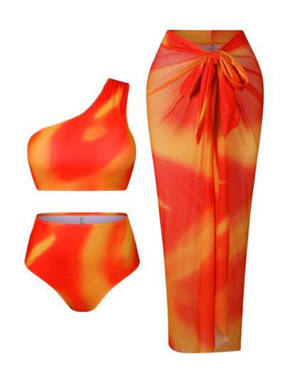 Swim Oasis طقم نسائي من 3 قطع المقاس الكبير من Oasis - بنطلون واسع ذو خصر عالي مطبوع بطبعة المرادف الأصفر بأكتاف واحدة مجعد، تنورة شبكية مطابقة للطبعة المرادفة، للصيف والإقامة الشاطئية