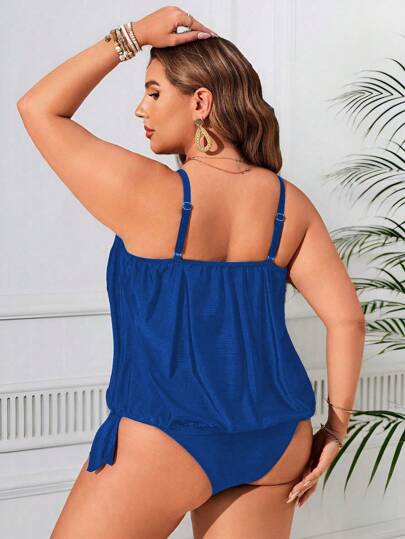 Swim Lushoire مجموعة بيكيني لإنحاف البطن لون سادة من قطعتين، ذو حمالات رفيعة للمرأة مقاسات كبيرة