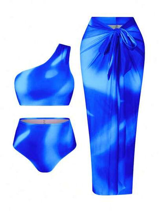 Swim Oasis طقم نسائي فاخر من 3 قطع لشخصيات كبيرة الحجم، بديزاين طباعة تدرج لوني أصفر مع بنطلون خصر عالي مطوي وتنورة شبكية مطبوعة باحتراف لأجواء الصيف والشاطئ