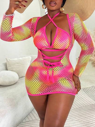 SHEIN Slayr CURVE مجموعة مثيرة من حمالة الصدر شبكية والسروال والفستان المغطي بالحجم الكبير، للشاطئ والعطلات الصيفية