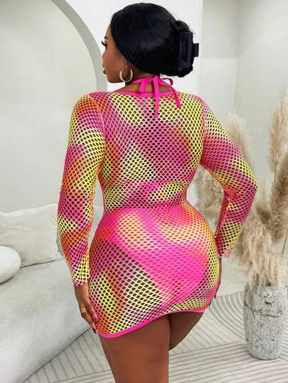 SHEIN Slayr CURVE مجموعة مثيرة من حمالة الصدر شبكية والسروال والفستان المغطي بالحجم الكبير، للشاطئ والعطلات الصيفية