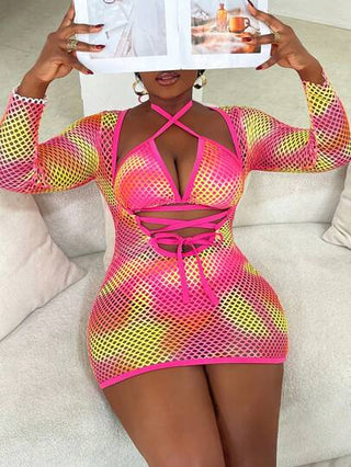 SHEIN Slayr CURVE مجموعة مثيرة من حمالة الصدر شبكية والسروال والفستان المغطي بالحجم الكبير، للشاطئ والعطلات الصيفية