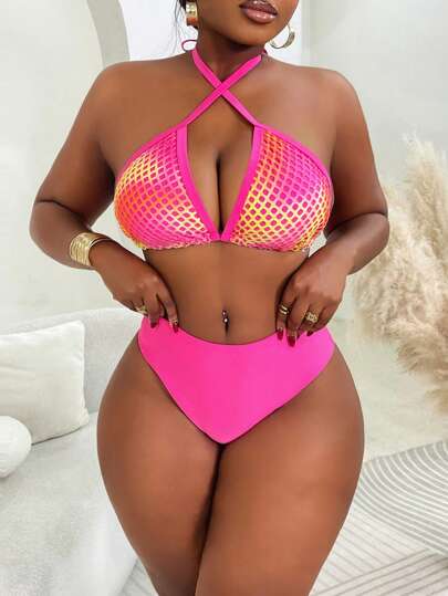 SHEIN Slayr CURVE مجموعة مثيرة من حمالة الصدر شبكية والسروال والفستان المغطي بالحجم الكبير، للشاطئ والعطلات الصيفية