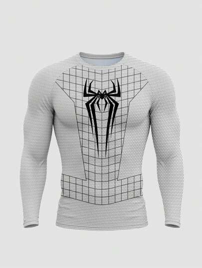 Manfinity Sport Corelite تي شيرت رياضي كريو نيك بأكمام طويلة مطبوع عليه رسم العنكبوت للرجال