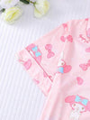 Sanrio مجموعة مرخصة من سانريو مكونة من قطعتين: طقم ملابس علوية مع ياقة على شكل قلب مطبوع وأربطة وشورت بأكمام قصيرة ، طقم بيجامات صيفي ، بيجامات لحفلات العطلات ، مريح للاستخدام المنزلي للنساء