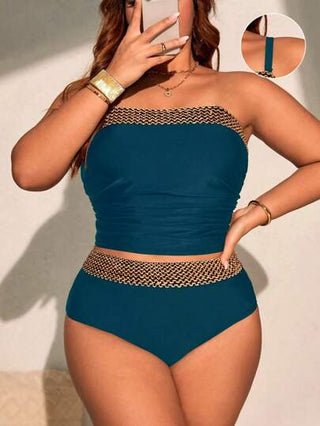 Swim Chiccia مجموعة بحجم كبير 2 قطعة للنساء، توب كروب متباين النسيج وشورت مثلث متباين النسيج بخصر عالٍ ، بكيني، بسيط للأجازات واليومي