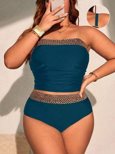 Swim Chiccia مجموعة بحجم كبير 2 قطعة للنساء، توب كروب متباين النسيج وشورت مثلث متباين النسيج بخصر عالٍ ، بكيني، بسيط للأجازات واليومي