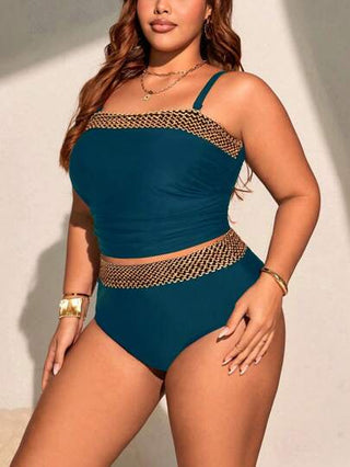 Swim Chiccia مجموعة بحجم كبير 2 قطعة للنساء، توب كروب متباين النسيج وشورت مثلث متباين النسيج بخصر عالٍ ، بكيني، بسيط للأجازات واليومي