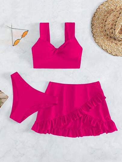 SHEIN Swim بكيني مكون من 2 قطع بتصميم ملتف ذو لون أحادي للنساء مع غطاء وتنورة صغيرة للشاطئ في فصل الصيف