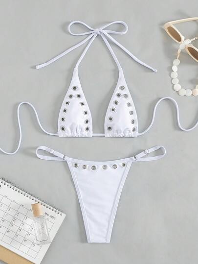 Swim مجموعة بكيني بحري مكونة من قطعتين نسائية للاحتفالات والموسيقى والعطلات والشواطئ مع تصميم بسيط وناعم وتفاصيل دانتيل مفتوحة، مناسبة للخروجات الشاطئية