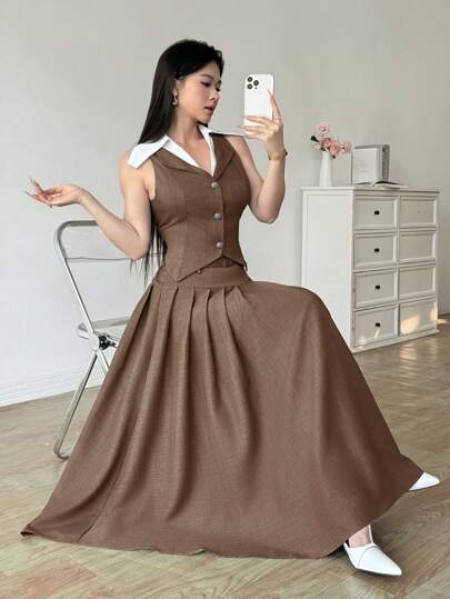 طقم حريمي قطعتين Modelyn العيد مجموعة من 2 قطعة سترة وتنورة متجعدة بلون كتلة أنيقة للمرأة مناسبة للتنقل