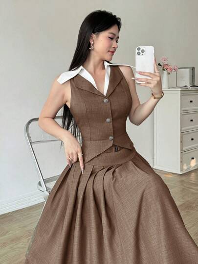 Modelyn العيد مجموعة من 2 قطعة سترة وتنورة متجعدة بلون كتلة أنيقة للمرأة مناسبة للتنقل