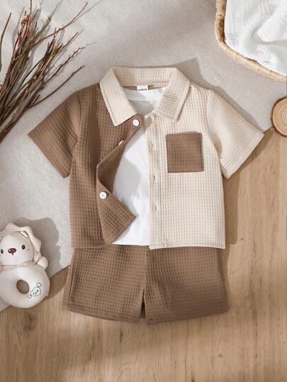 Vintaside Kids طقم كارديجان وشورت بأكمام قصيرة وياقة مزينة بجيوب للأولاد الصغار