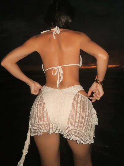 Swim SXY 3 قطعة/طقم فستان صيفي جديد للنساء بتصميم قطعة واحدة بأشرطة رفيعة وفتحة ظهر، مزين بكشكشة مزدوجة في الحاشية، مع طقم بكيني لارتداء على الشاطئ