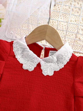 SHEIN ملابس علوية بياقة بيتر بان الأحمر الجميل للبنات الصغيرات، صالح للاستخدام الصيفي